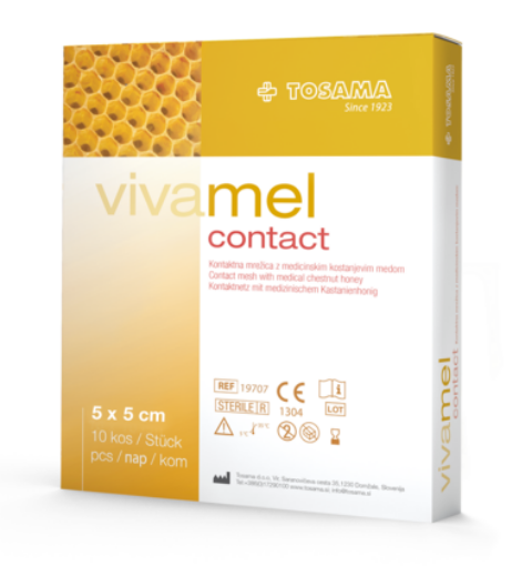 Slika Vivamel CONTACT, kontaktna mrežica z medicinskim kostanjevim medom 5 x 5 cm, sterilna, 1 kos